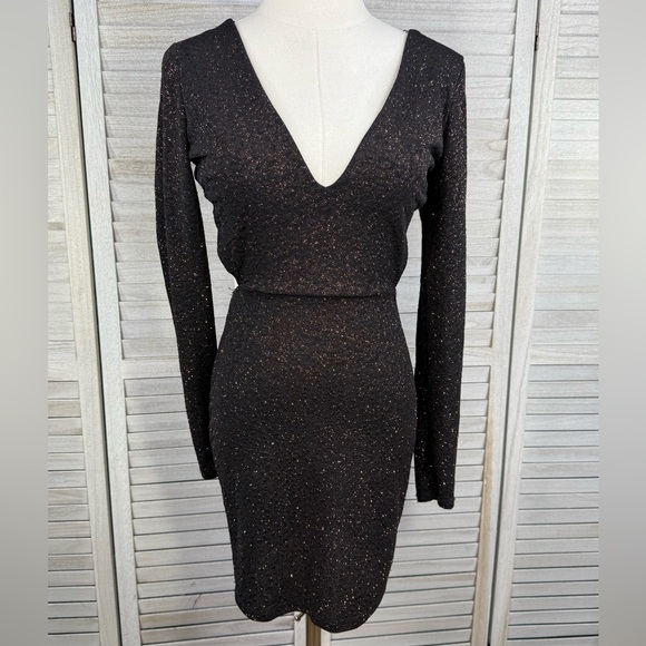 WINDSOR Cutout Mini Dress V Neck Long Sleeve Bodycon Black/Copper Shimmer-M - Picture 1 of 4